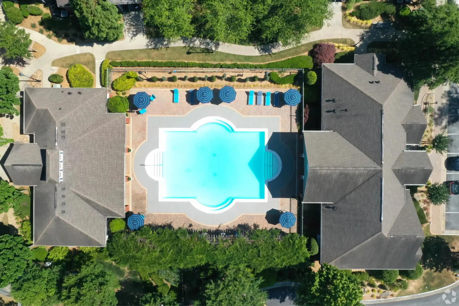 Aerial view of the resort-style pool at Overlook Ridge Apartments in Atlanta